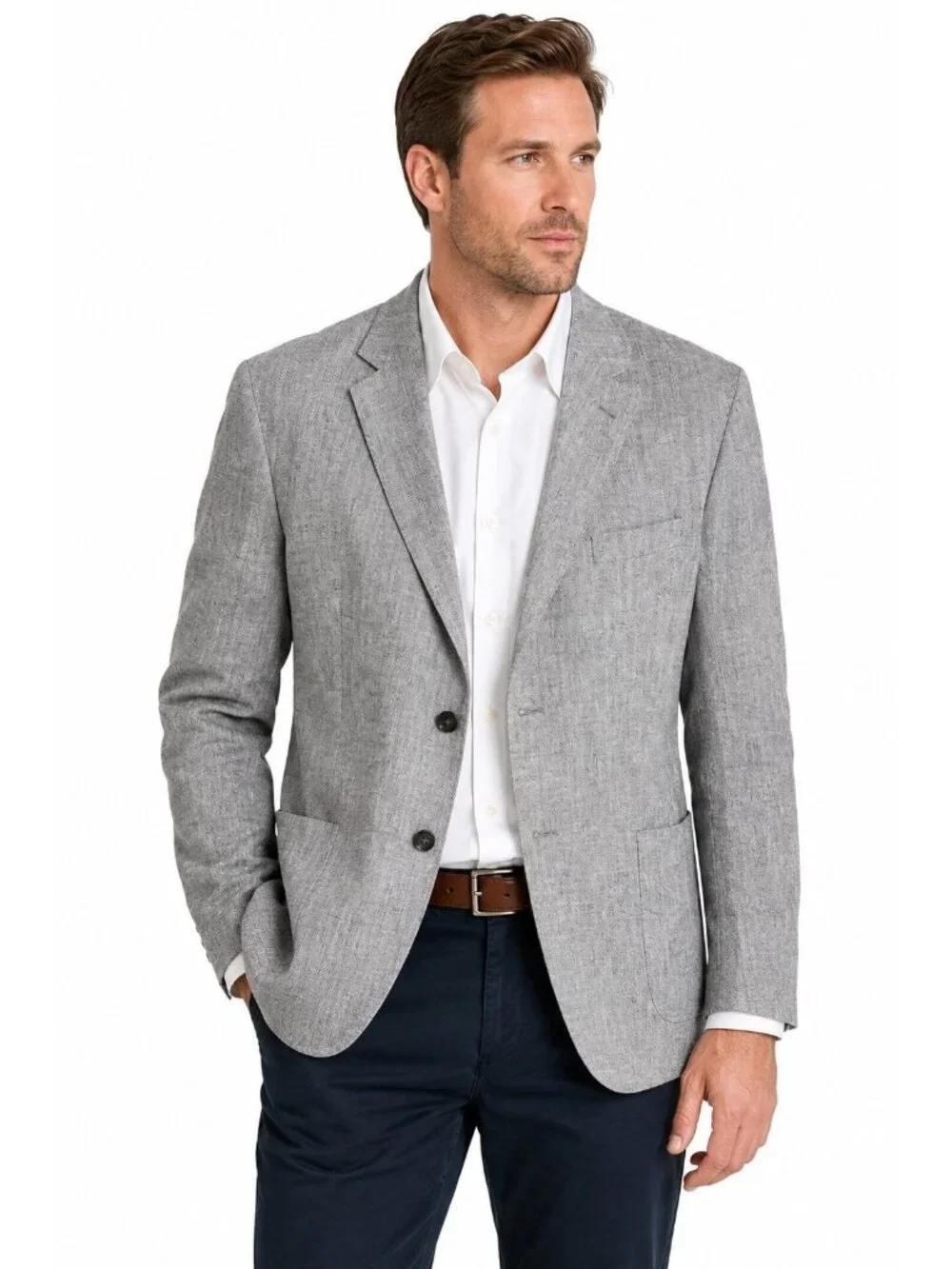 STAFFORD jacket blazer sport coat gray 48L classic fit linen cotton business